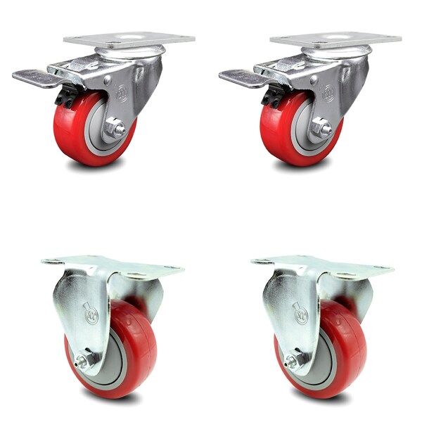 3 Inch Red Polyurethane Swivel Top Plate Caster Lock Brakes 2 Rigid SCC, 2PK